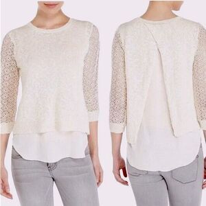 Lucky Brand crochet ivory Layered Linen Blend Chiffon Top blouse open knit L